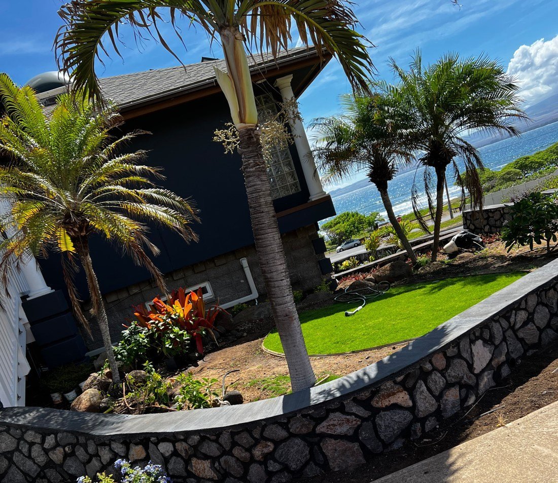 A curved stacked lava rock wall with a smooth concrete cap running along a sidewalk, with a strip of green lawn, palms and orange bromeliads, and the ocean beyond.